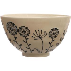 imageCreative CoOp 125 Inches HandPainted Stoneware Serving Embossed Flowers Cream and Black Bowl
