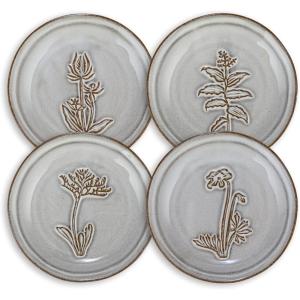 imageCreative CoOp 5 Inches Round Stoneware Reactive Glaze with 4 Flower Design Styles Cream and Brown Set of 12 Dish