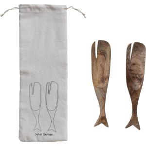 imageCreative CoOp 975 Inches Mango Wood Whale Design Kitchen Printed Drawstring Bag Natural Set of 2 Salad Server