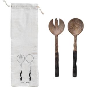 imageCreative CoOp 1125 Inches Mango Wood Kitchen Drawstring Bag Natural and Espresso Finish Set of 2 Salad Server Brown