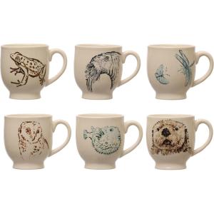 imageCreative CoOp 5 Inches Round Stoneware Animal Print Designs Cream Set of 6 Mugs
