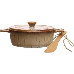 imageCreative CoOp 925 Inches Stoneware Bamboo Canap Spreader Knife and Reactive Glaze Design Brown and Tan Set of 2 Brie Baker 9quot L x 7quot W x 3quot H