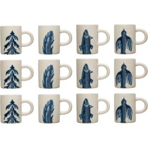imageCreative CoOp Farmhouse Hand Stoneware Painted Flora and Fauna 4 Styles Set of 12 Antique White and Blue Mug