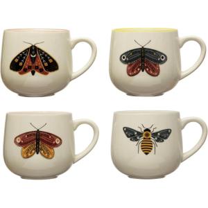 imageCreative CoOp Stoneware Mugs with Painted Winged Insects Set of 4 Styles Multicolor