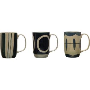 imageCreative CoOp Stoneware Painted Designs Set of 3 Styles Black and Tan Mug Blue