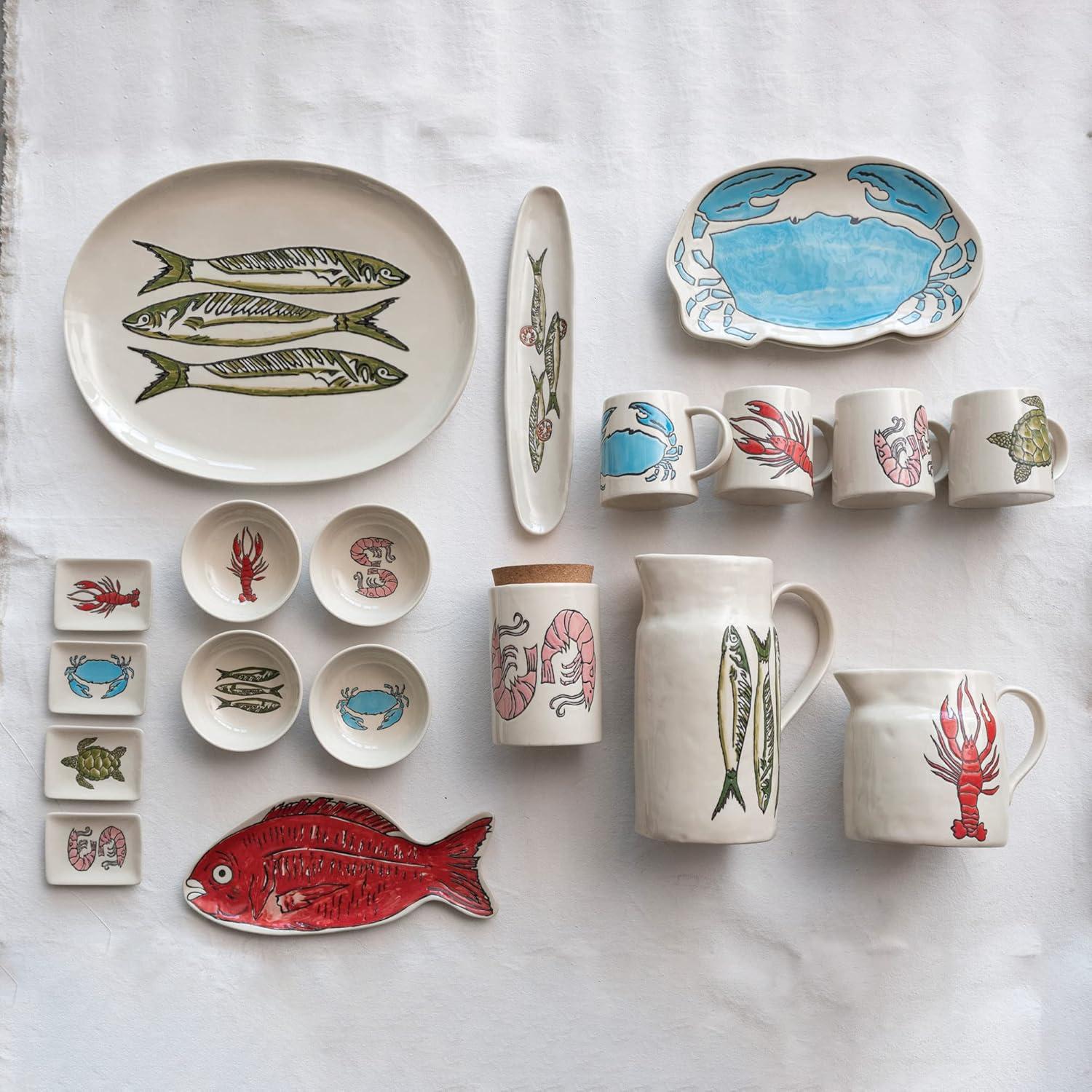 imageCreative CoOp Coastal Stoneware Embossed Prawns and Cork Lid Multicolor Jar Ivory