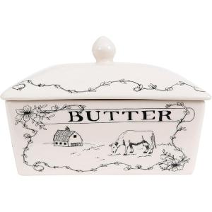 imageCreative CoOp Country Stoneware Butter Dish with Lid quotSpread the Lovequot Message and Farm Line Drawing White and Black Food Microwave and Dishwasher Safe