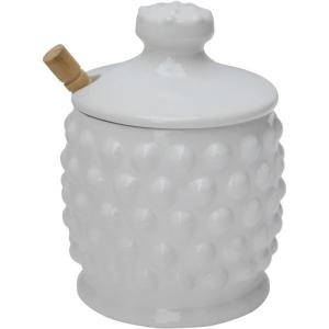 imageCreative CoOp White Ceramic Hobnail Style Honey Jar with Lid ampamp Wood Dipper