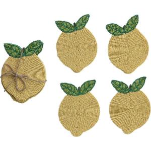 imageCreative CoOp 4Piece Handmade Beaded Lemon Coasters with Jute Tie Yellow and Green