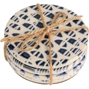 imageCreative CoOp 4Piece Round Stoneware Coasters with Pattern Blue and White