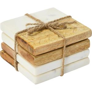 imageCreative CoOp HandCarved Engraved Mango Wood Square Trivets for Dining Table Coaster Set of 4 White ampamp Natural