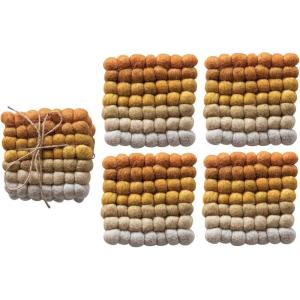 imageCreative CoOp Handmade Wool Felt Ball Coasters Yellow Orange and Cream Set of 4
