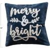 imageCreative CoOp Square Cotton Velvet Pillow with Embroidered Merry and Bright Navy Color and White Blue