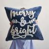 imageCreative CoOp Square Cotton Velvet Pillow with Embroidered Merry and Bright Navy Color and White Blue