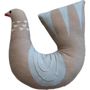 imageCreative CoOp Cotton Printed Dove Shaped Pillow with Metallic Gold Thread Embroidery Natural Grey Blue