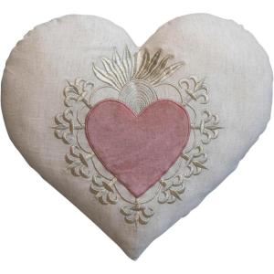 imageCreative CoOp Cotton and Linen Shaped Pillow with Applique Velvet Sacred Heart Embroidery Natural Pink Gold