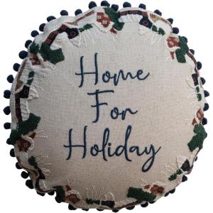 imageCreative CoOp Multicolor Round Cotton and Linen Pillow with Embroidered Houses Pattern