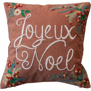 imageCreative CoOp Multicolor Square Cotton Pillow with Embroidered Botanicals Joyeux Noel