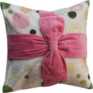 imageCreative CoOp Multicolor Square Cotton Printed Pillow with Pattern and Velvet Applique Bow