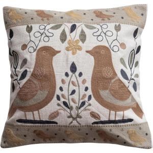 imageCreative CoOp Multicolor Square Cotton and Linen Pillow with Embroidered Bird Pattern and Chambray Back