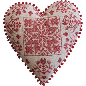 imageCreative CoOp Natural and Red Cotton Embroidered Heart Shaped Pillow with Pattern Pom Trim