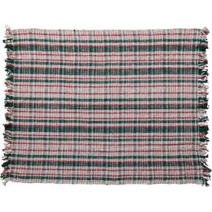 imageCreative CoOp Plaid Woven Cotton Blend Throw with Fringe Cream Green and Red