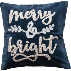 imageCreative CoOp Square Cotton Velvet Pillow with Embroidered Merry and Bright Navy Color and White Blue