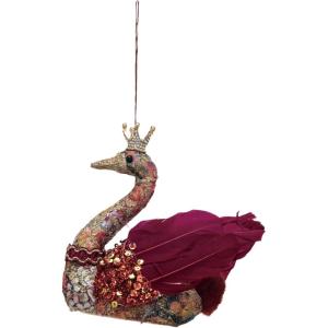 imageCreative CoOp Fabric Foam and Feather Swan Ornament with Crown Glitter and Sequins Multicolor