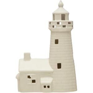 imageCreative CoOp 634quotL x 312quotW x 10quot H Stoneware Lighthouse wLED Light White Batteries Included