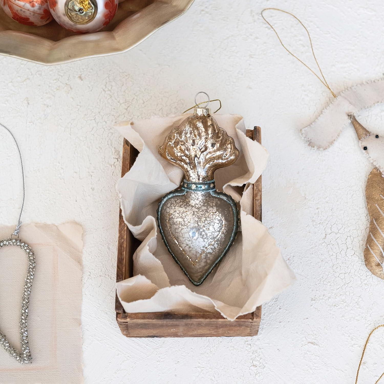 imageCreative CoOp Etched Mercury Glass Ball Ornament Garland with Gold Cord Matte Silver Finish and Coral Color