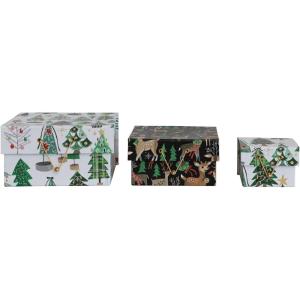 imageCreative CoOp 812quotL x 8quot W x 412quotH 7quot L x 612quotW x 314quotH ampamp 412quotL x 4quot W x 3quot H Printed Recycled Paper Gift Boxes wTreeDeer Patterns ampamp Closures Multi Color Set of 3 