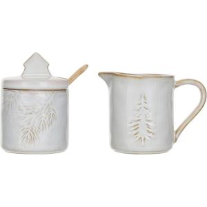 imageCreative CoOp Tree Debossed Stoneware Creamer and Sugar Pot Set White Set of 3