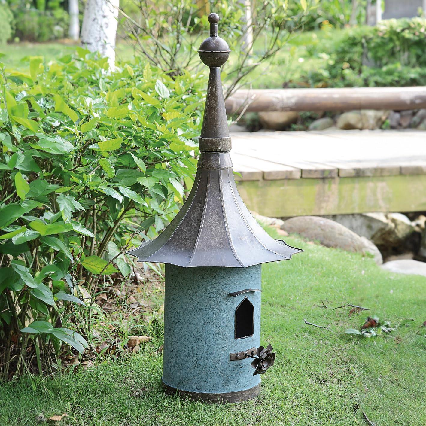 imageCreative CoOp Cottagecore FreeStanding Decorative Metal Birdhouse for Garden Distressed Aqua 155quotWx34quotTBlue