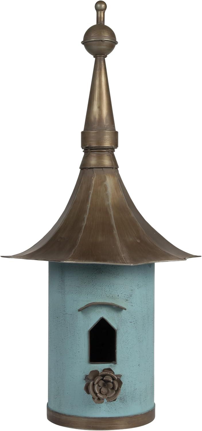 imageCreative CoOp Cottagecore FreeStanding Decorative Metal Birdhouse for Garden Distressed Aqua 155quotWx34quotTBlue