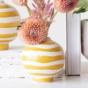 imageCreative CoOp Striped Stoneware Vase with Sphere Shape and Footed Base Yellow and White