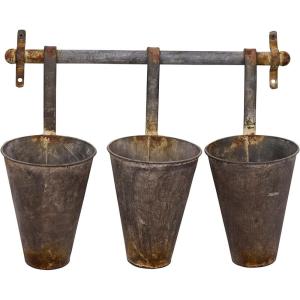 imageCreative CoOp Antiqued Metal Wall Rack with 3 Hanging Tin Pots