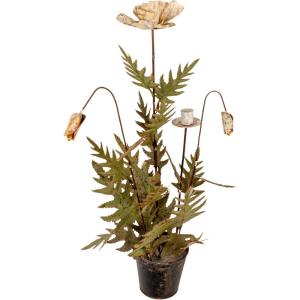imageCreative CoOp Metal Poppy Flower Candle Holder in Cement Pot Distressed White and Green