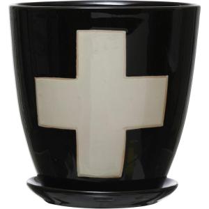 imageCreative CoOp Stoneware Planter with Saucer ampamp Wax Relief White Swiss Cross Black Set of 2 Holds 4quot Pot Each One Will Vary
