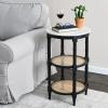 imageCreative CoOp Round Solid Wood End Table with Genuine Marble Top and 2 Woven Cane Storage Shelves Brown Stain and NaturalBlack