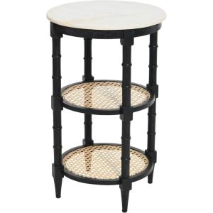 imageCreative CoOp Round Solid Wood End Table with Genuine Marble Top and 2 Woven Cane Storage Shelves Brown Stain and NaturalBlack
