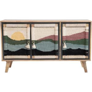 imageCreative CoOp 55quot W Mango Wood Console with 2 Shelves 3Panel Sunset Scene Woven Rope Doors ampamp Tassels