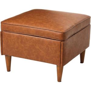 imageCreative CoOp Atley Upholstered Modern Ottoman with Storage and Solid Wood Legs Ash Grey Vegan LeatherCognac Vegan Leather