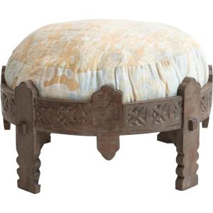 imageCreative CoOp Carved Reclaimed Wood Stool with Bleached Vintage Cotton Kantha Patchwork Cushion Multicolor