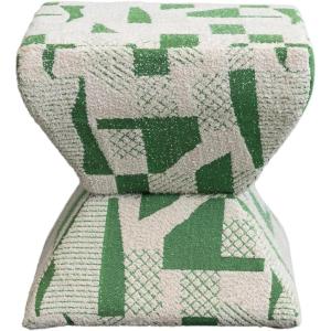 imageCreative CoOp Mango Wood and Cotton Jacquard Upholstered StoolOttoman with Geometric Pattern Green and Cream