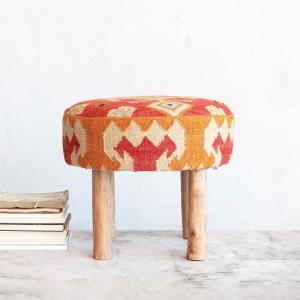 imageCreative CoOp Round Cotton and Wool Kilim Stool with Wood Legs Natural and Orange