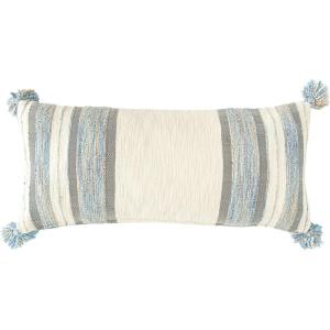 imageBlue Grey ampamp Cream Striped Cotton Blend Lumbar Pillow with Tassels