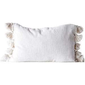 imageCream Cotton Woven Slub Pillow with Plush Tassels