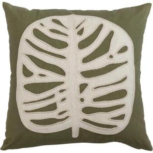 imageCreative CoOp Cotton Lumbar Pillow with Leaf Embroidery Green and CreamCover with Down Insert