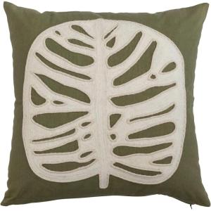 imageCreative CoOp Cotton Lumbar Pillow with Leaf Embroidery Green and CreamCover with Polyester Insert