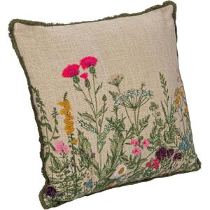 imageCreative CoOp Cotton Slub Flower Pillow with Embroidery Beads and Lace Trim Multicolor Square Multi